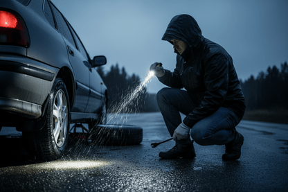 Lampe torche puissante eclaire homme entrain de changer un pneu la nuit sous la pluie 