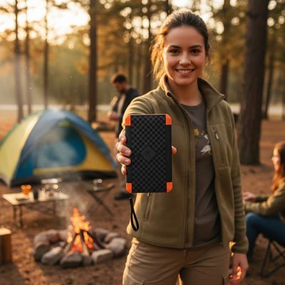 Batterie-externe-solaire-femme-en-camping 