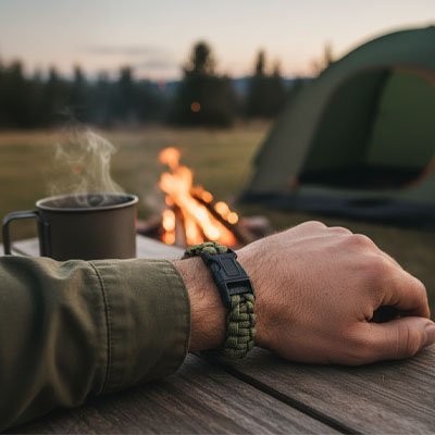Bracelet-paracorde-noir-homme-en-camping