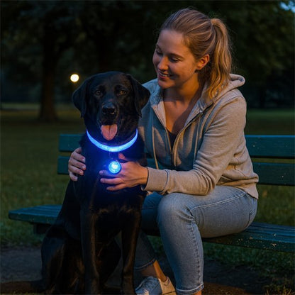 Collier lumineux bleu sur chien en marche