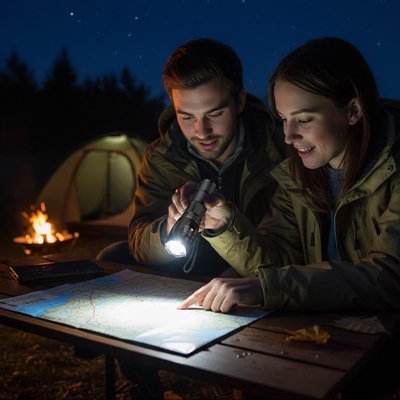 Couple en lecture avec un lampe de poche le soir 