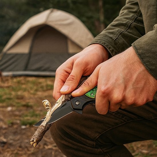 Couteau-de-survie-vert-en-utilisation