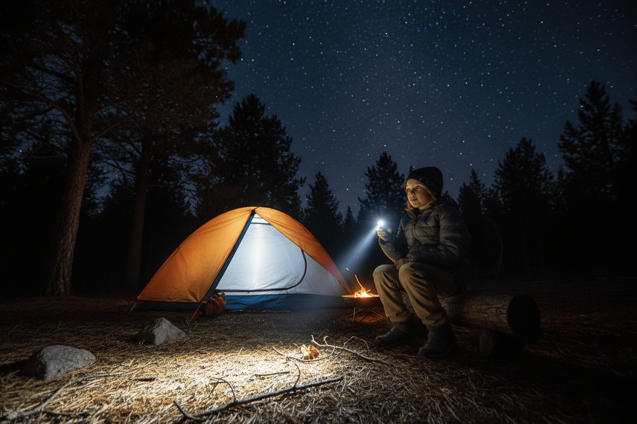 Enfant avec petite lampe torche puissante noir led en camping la nuit