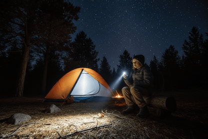 Enfant avec petite lampe torche puissante noir led en camping la nuit