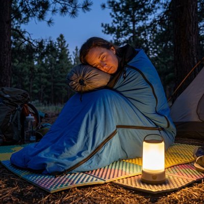 Femme au chaud dans sont Sac de couchage bleu