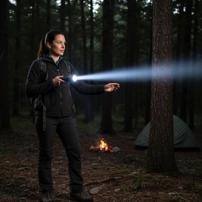 Femme avec lampe de poche en camping