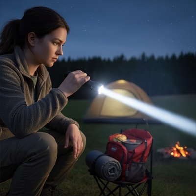 Femme en camping avec lampe de poche 