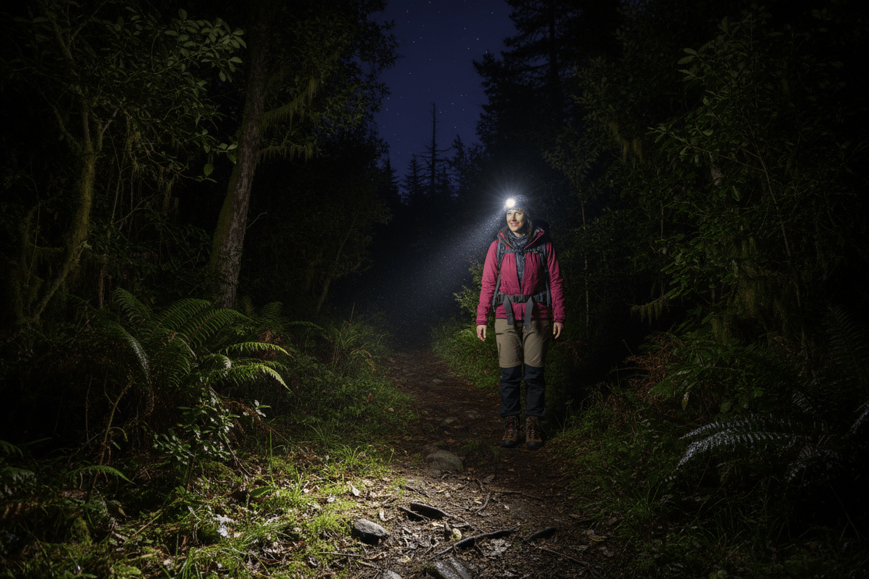 Femme en exploration dans la forêt avec lampe frontale 