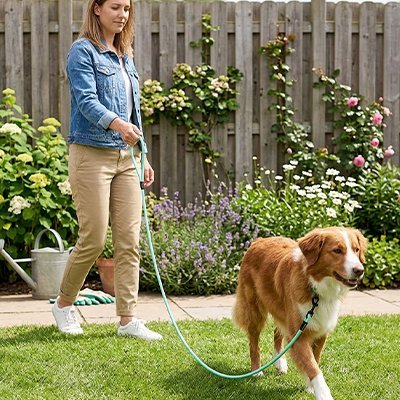 Femme promene sont chien en laisse pour Chien 