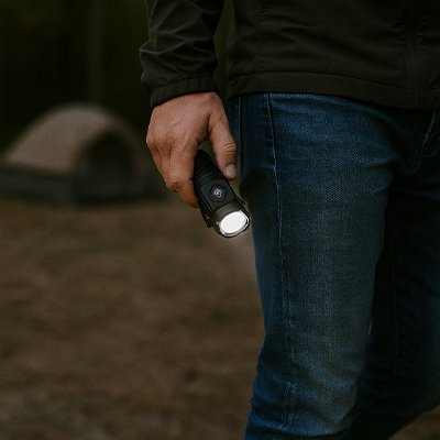 Homme avec lampe de poche en camping 