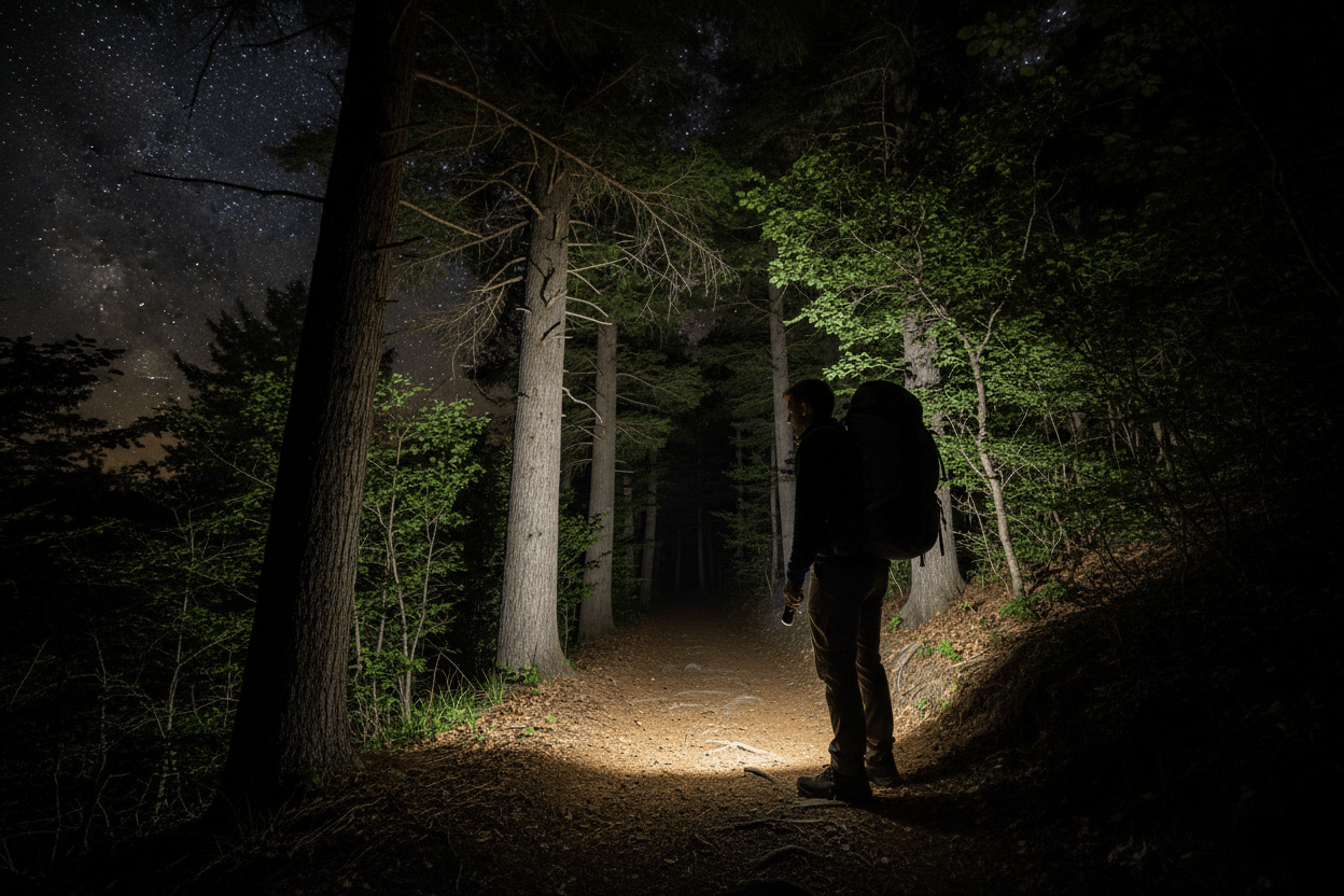 Homme avec lampe torche puissante noir en randonnée la nuit 