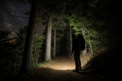 Homme avec lampe torche puissante noir en randonnée la nuit 