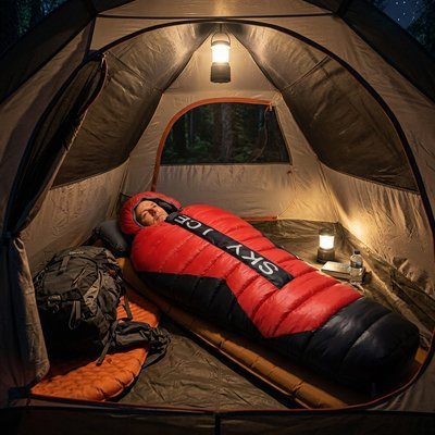 Homme dans sa tente avec sont Sac de couchage pour grand froid 