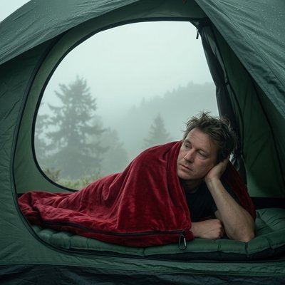 Homme dans sont Sac de couchage rouge dans une tente