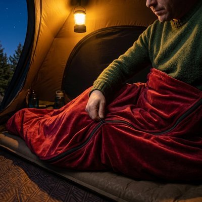 Homme dans sont Sac de couchage rouge