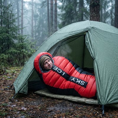 Homme en camping avec sont Sac de couchage pour grand froid 