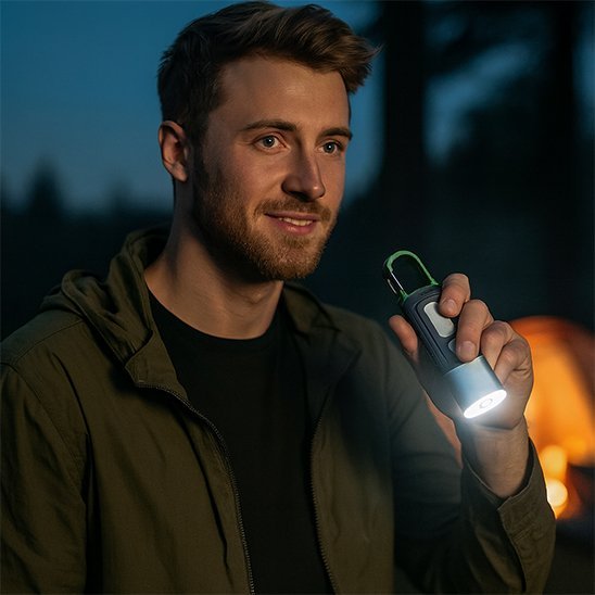 Homme qui utilise sa ampe de poche rechargeable​ 