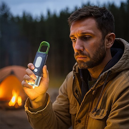Homme qui utilise sa lampe de poche rechargeable en camping​ 