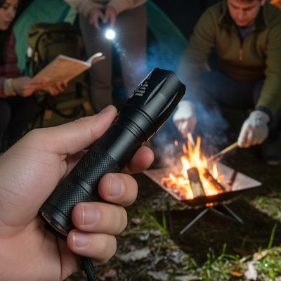 Lampe de poche en camping autour du feu