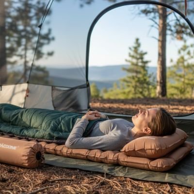 Matelas-gonflable-1-personne-khaki-femme-en-repos