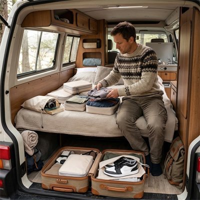 Organisateur de valise beige dans la voiture