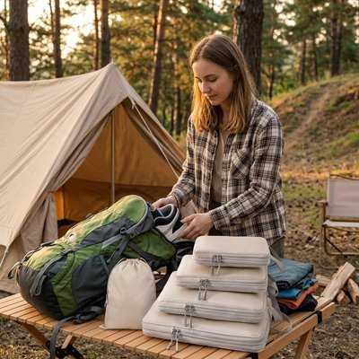 Organisateur de valise beige en camping