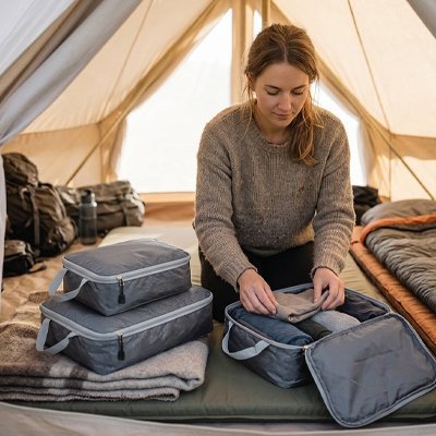 Organisateur de valise gris en camping