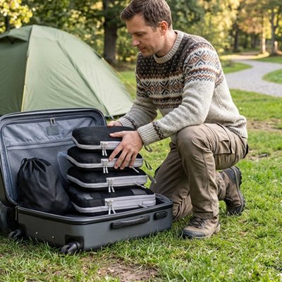 Organisateur de valise noir en camping