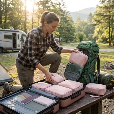 Organisateur de valise rose en randonnee