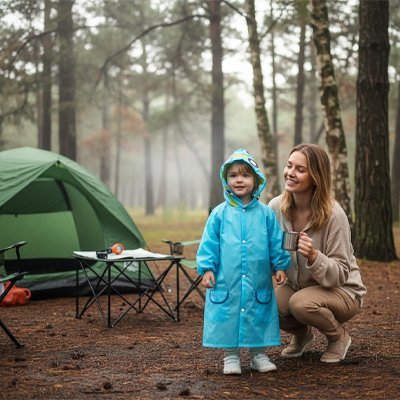Poncho-pluie-enfant-bleu-jeune-en-camping-avec-famille 