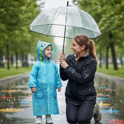 Poncho-pluie-enfant-bleu-jeune-en-marche-avec-mere 