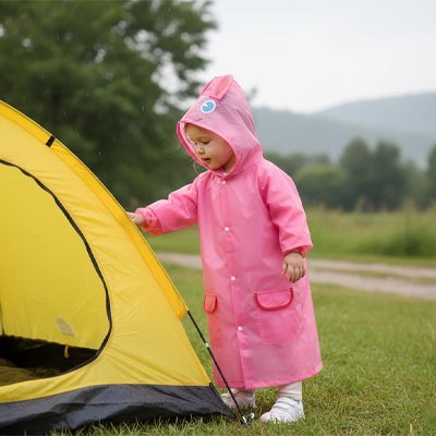 Poncho-pluie-enfant-rose-jeune-en-camping 