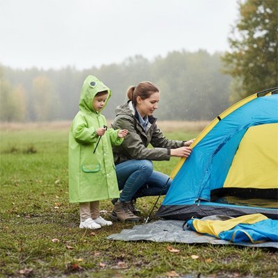 Poncho-pluie-enfant-vert-jeune-en-camping-avec-pere 