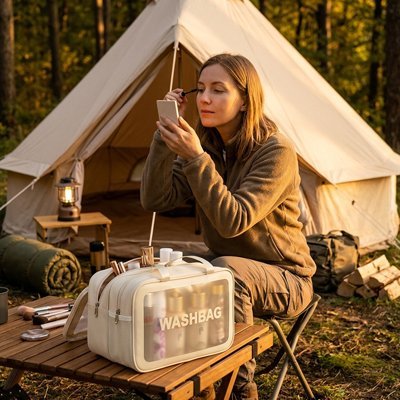 Trousse de toilette beige en camping 