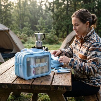 Trousse de toilette bleu en camping