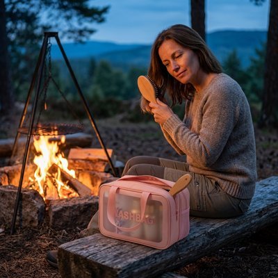 Trousse de toilette rose en camping