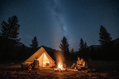 Un couple en camping autour d’un feu sous les étoiles