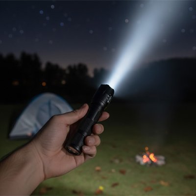 Une lampe de poche qui illumine le camping